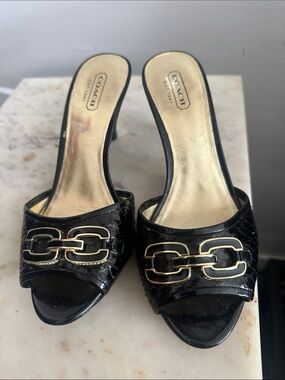 Coach Black Patent Leather Open-Toe Mules with Gold Chain Accent